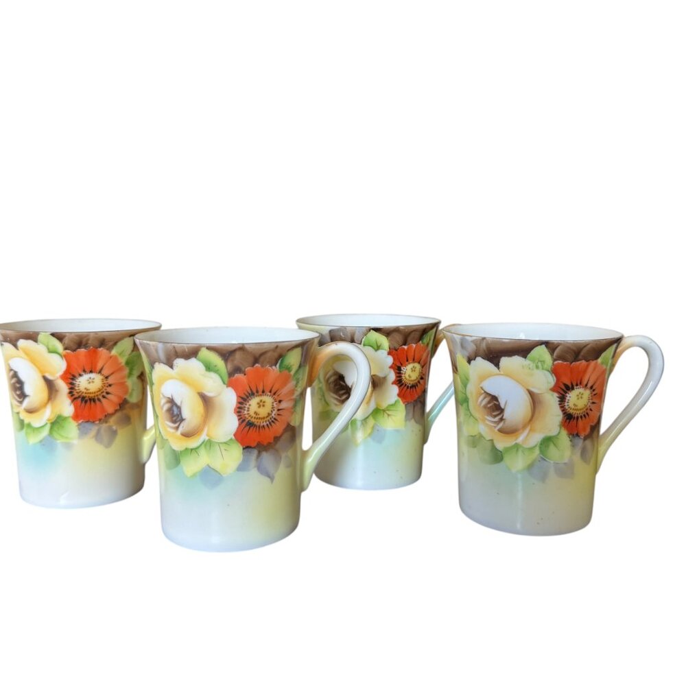 Vintage Porcelain Tea cups Demitasse Set Of 4 Floral Gilt Edging Small Autumnal